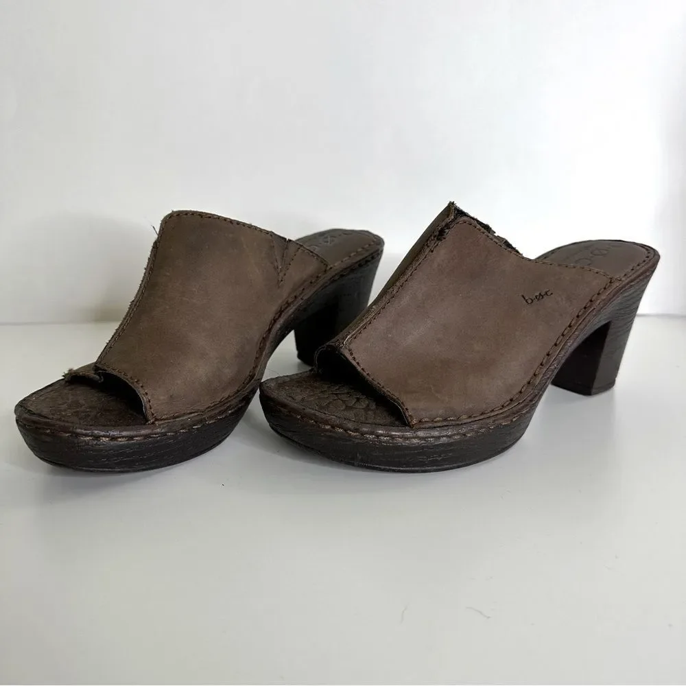 B.O.C. Brown Leather‎ Slip-on Heels Shoes Open Toe